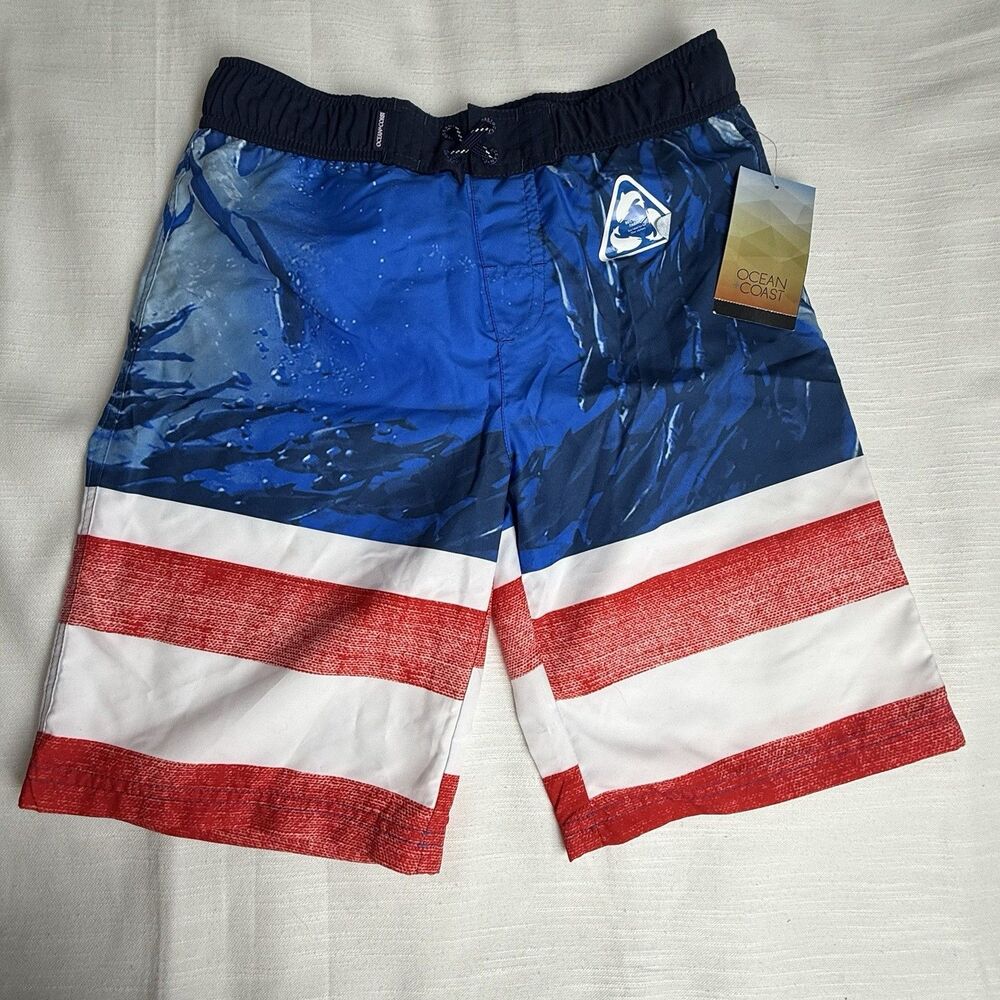 Ocean Coast Boys Red White And Blue Swimming Fish Print Swim Trunks Sz M New